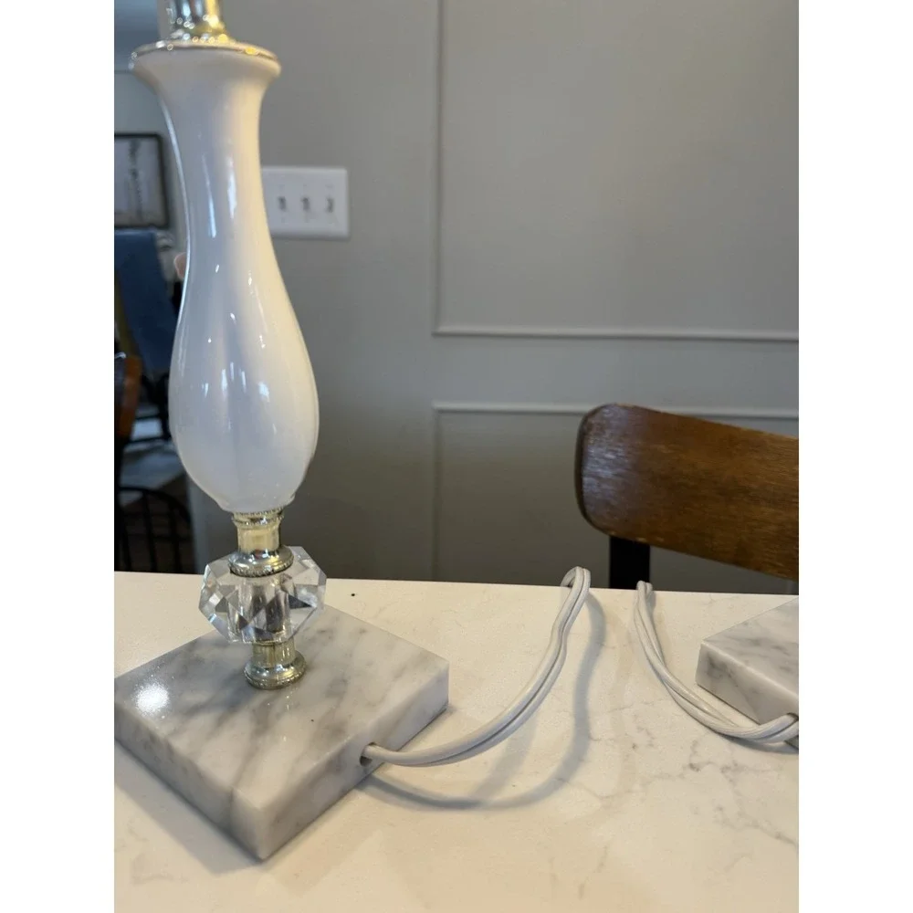 Vintage Porcelain Boudoir Lamps (2) Marble Base Roses Green Pink White Gold 50's